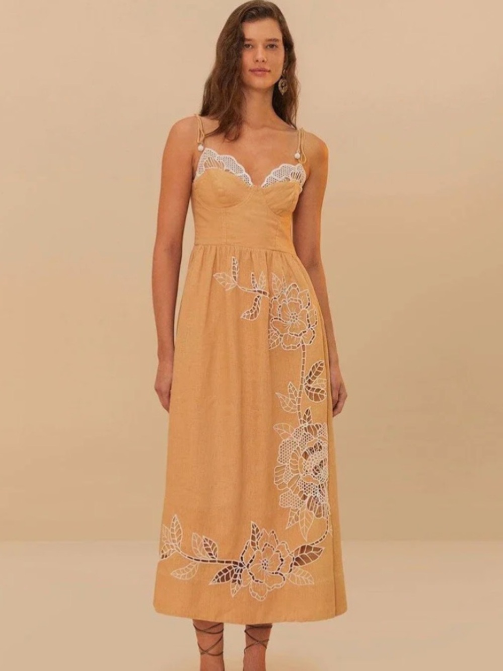 FARM Rio Sand Richelieu linen and lace midi dress